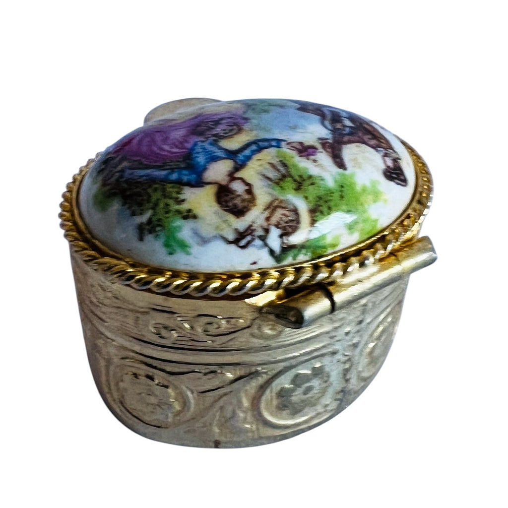 Vintage Dainty Porcelain Romantic Couple Hand Painted Enamel Trinket Box
