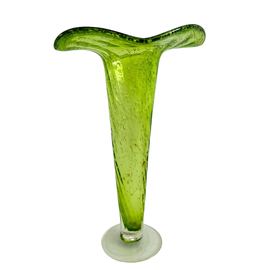 Vintage Ruffle Edge Bubble Green Clear Footed Art Glass Vase