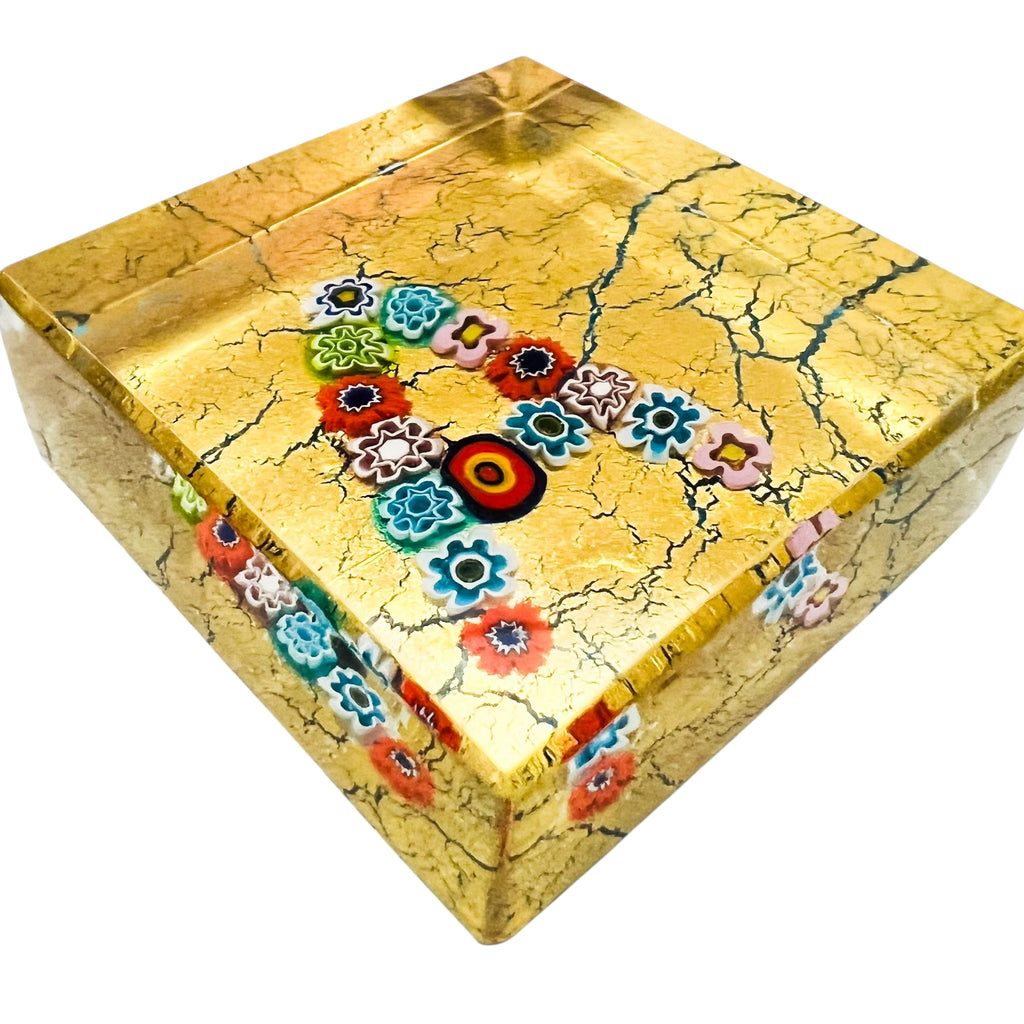 Murano Millefiori “Letter A” Square Gold Glass Paperweight
