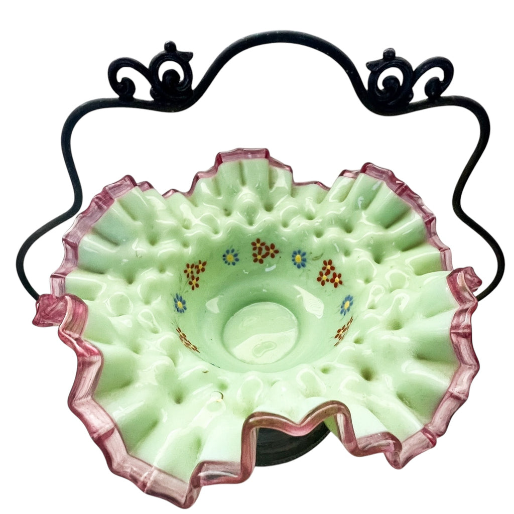 Antique Bridal Bowl With Holder St.Louis Silver Co Cased Glass Hand Painted Floral Design Ruffled Trim Basket