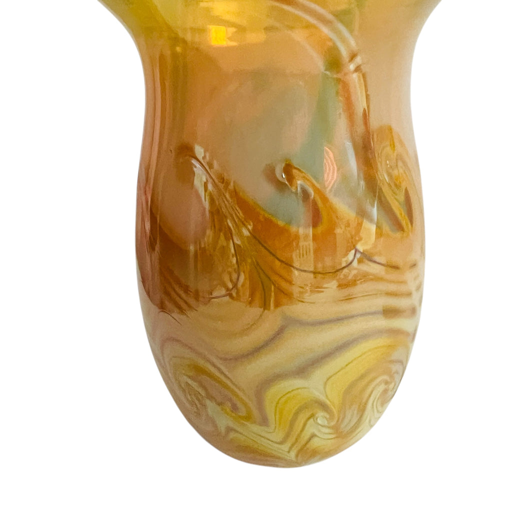 John Barber Art Glass Vessel Pulled Feather Iridescent Yellow Amber Signed Vase