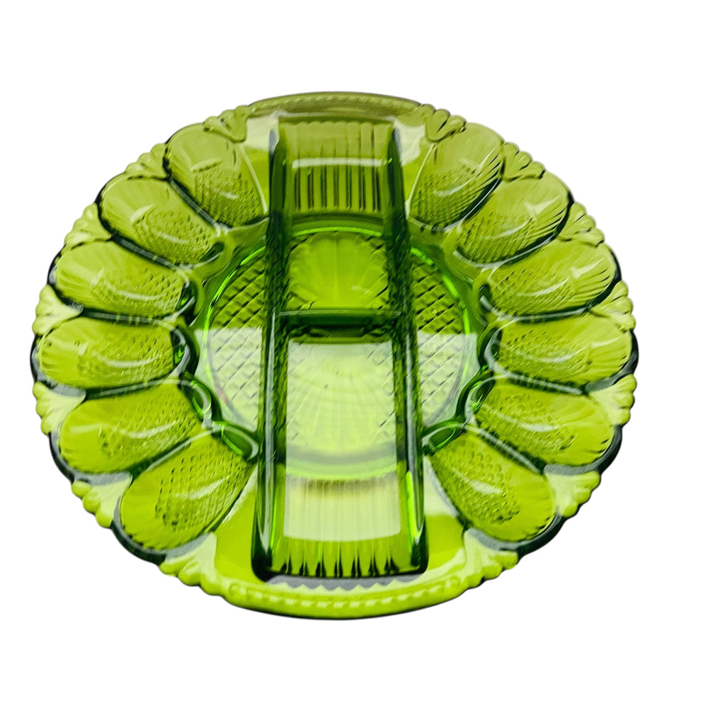 Vintage Deviled Egg Green Glass Divider Serving Platter