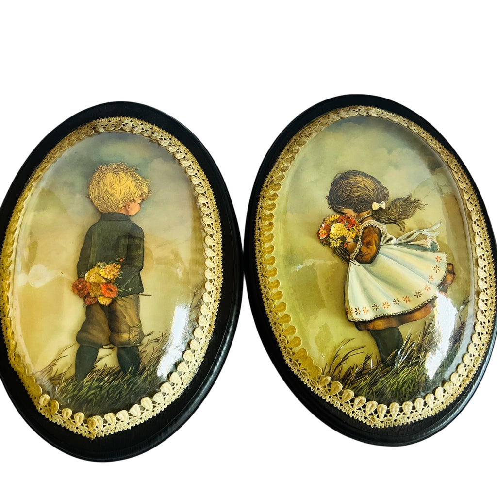Vintage Boy Girl Oval Plastic Bubble Dome Wall Hangings