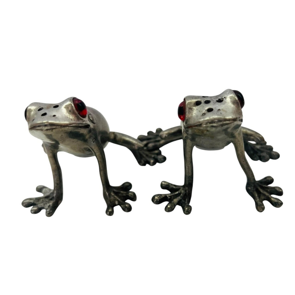 Vintage Frog Metal Figurine Salt and Pepper Shakers - Silver with Red Eyes