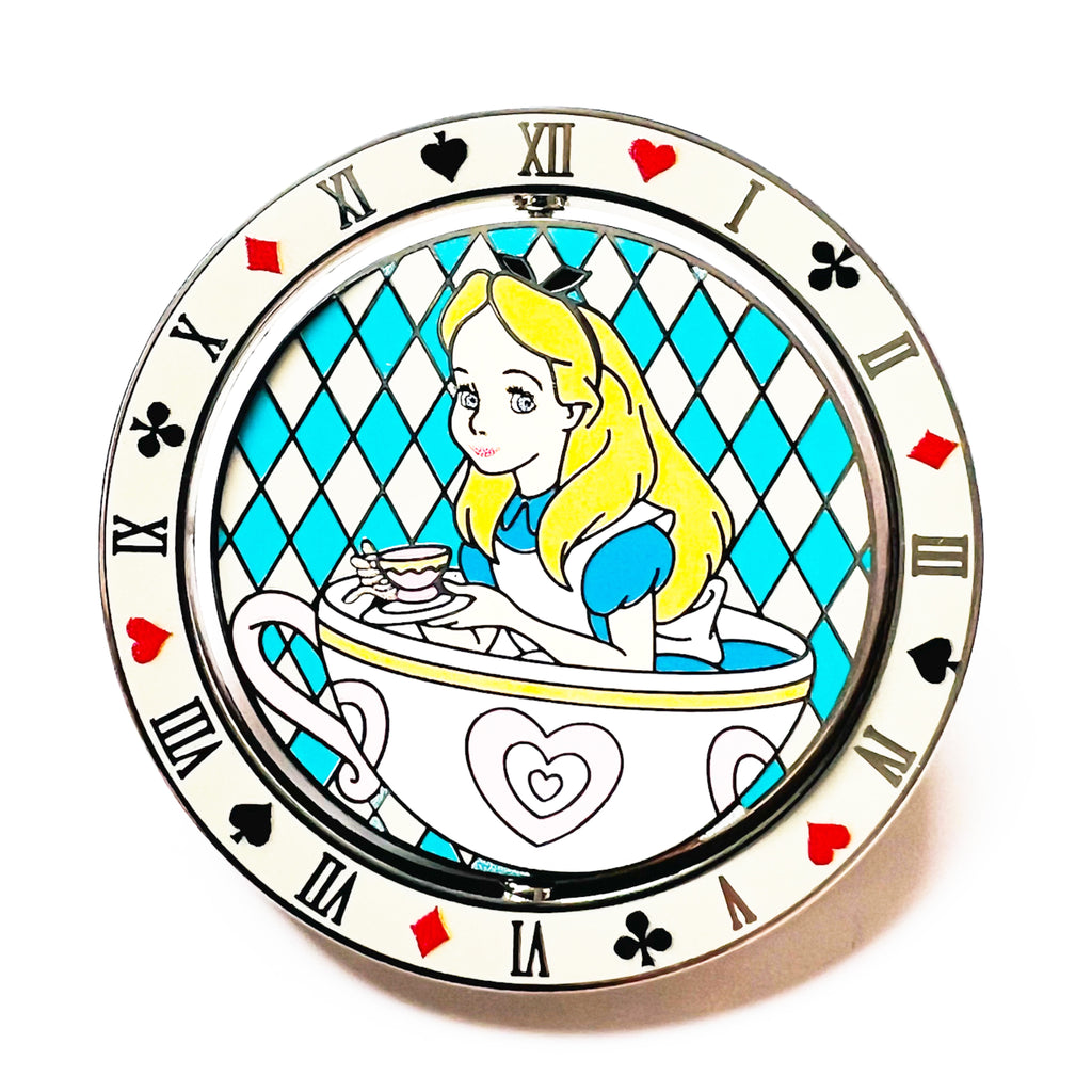 Disney Cheshire and Alice Tea Cups - Roman Numerals Card Suits Spinner Pin