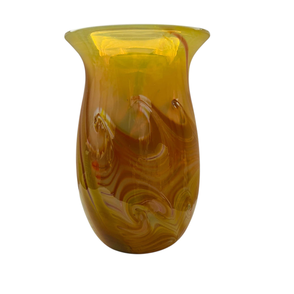 John Barber Art Glass Vessel Pulled Feather Iridescent Yellow Amber Signed Vase