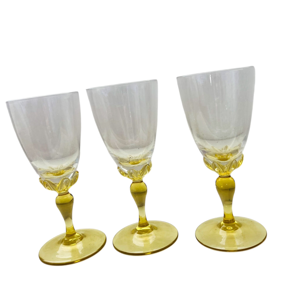 Vintage Amber Yellow Clear Stem Glasses Set of 3