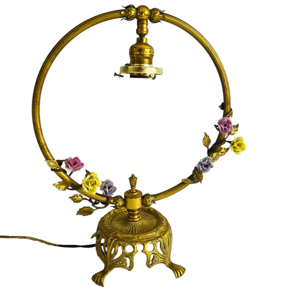 Vintage French Ormolu Porcelain Flowers Tole Toleware Boudoir Gold Circle Lamp