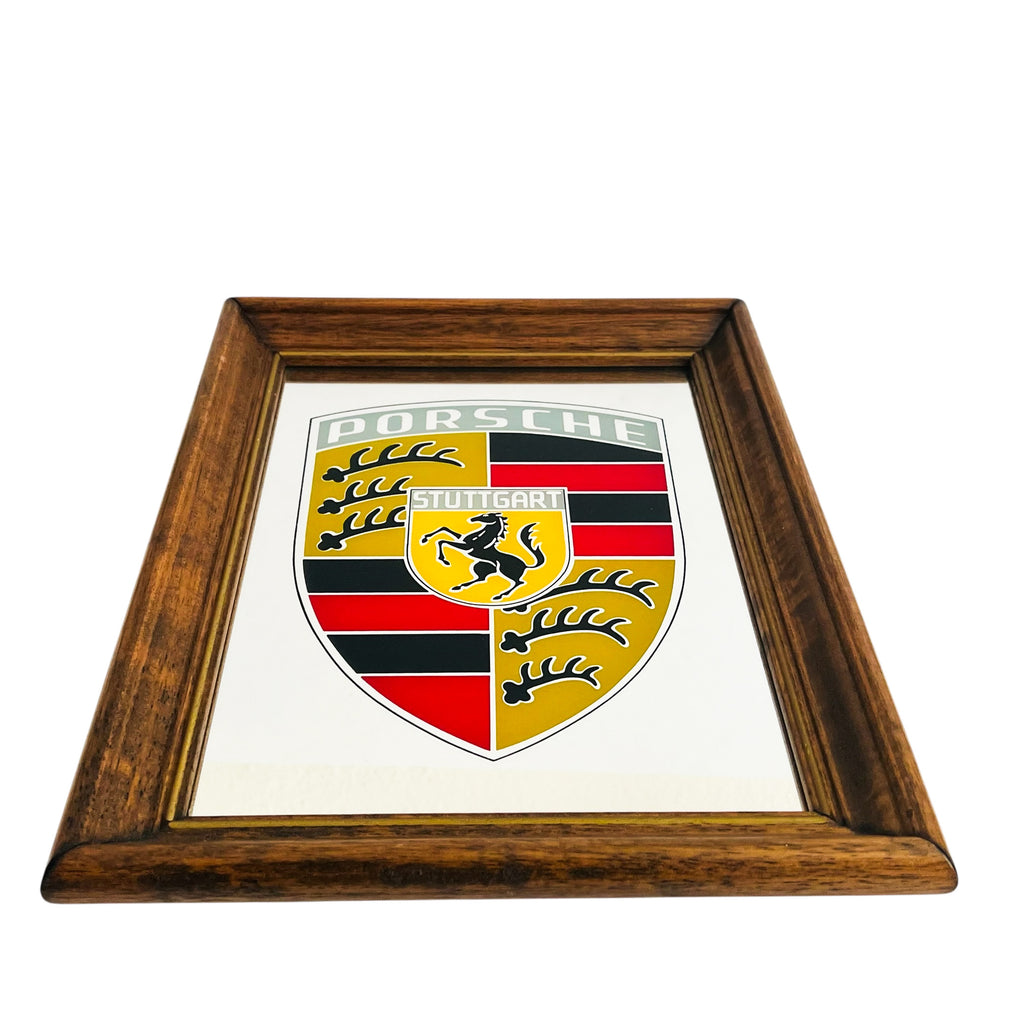 Vintage Porsche Stuttgart Logo Wall Mirror Wood Frame