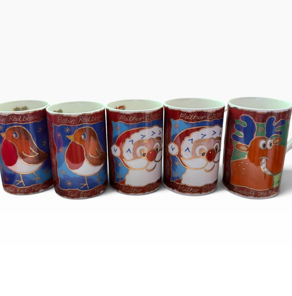 Vintage Golden Christmas Dunoon Santa Holiday Mugs Set of 5