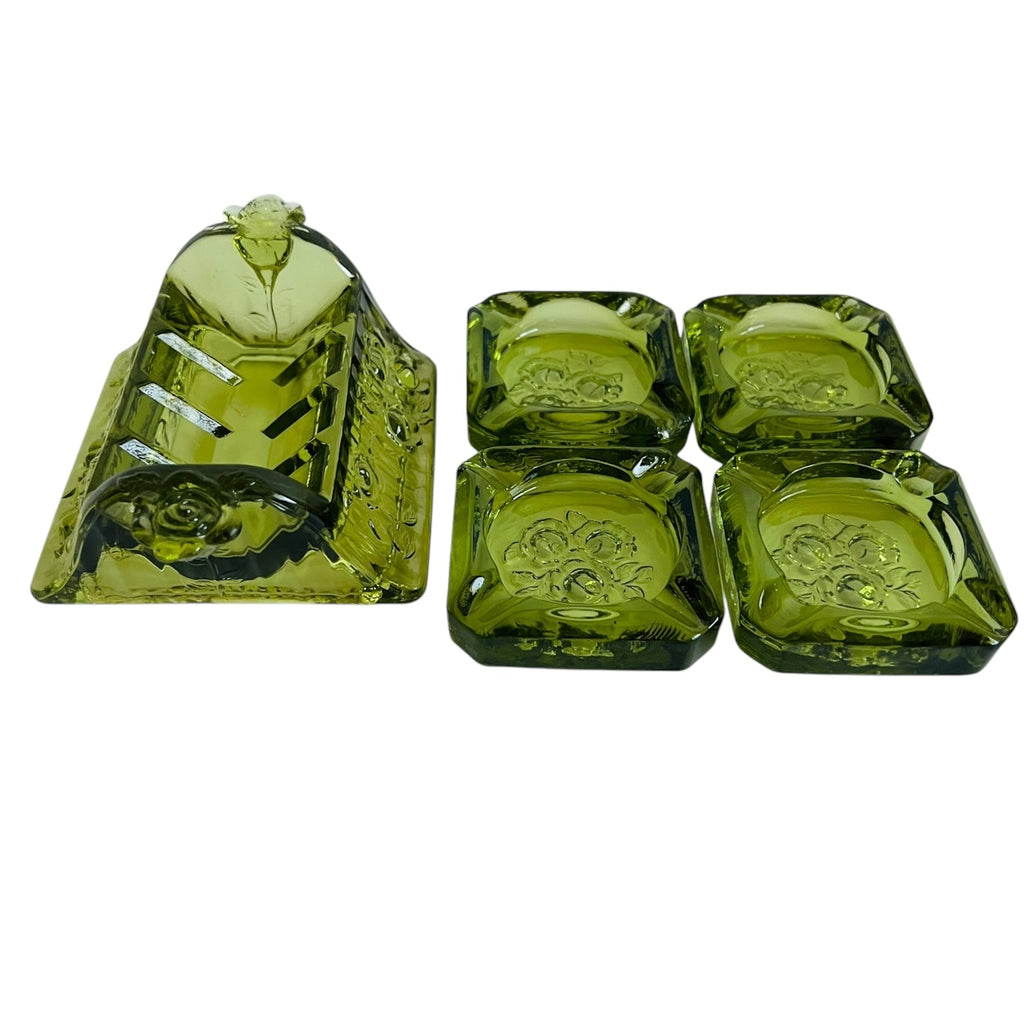 Vintage Fenton Green Glass Rose Flower Design Square Ashtray Set