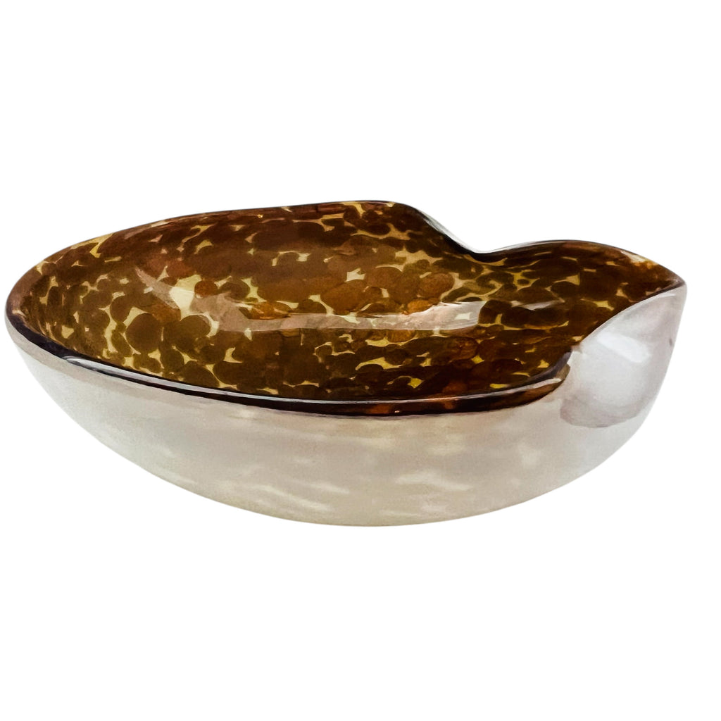 Vintage Murano Brown Gold Glitter Inclusions Cased White Bowl