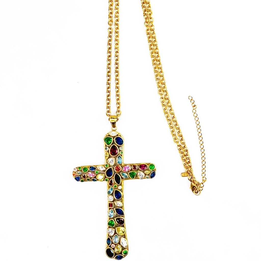 PJM Cross Pendent Faux Gemstone Link Chain Necklace