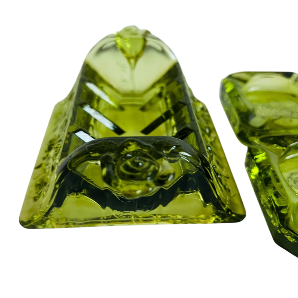 Vintage Fenton Green Glass Rose Flower Design Square Ashtray Set