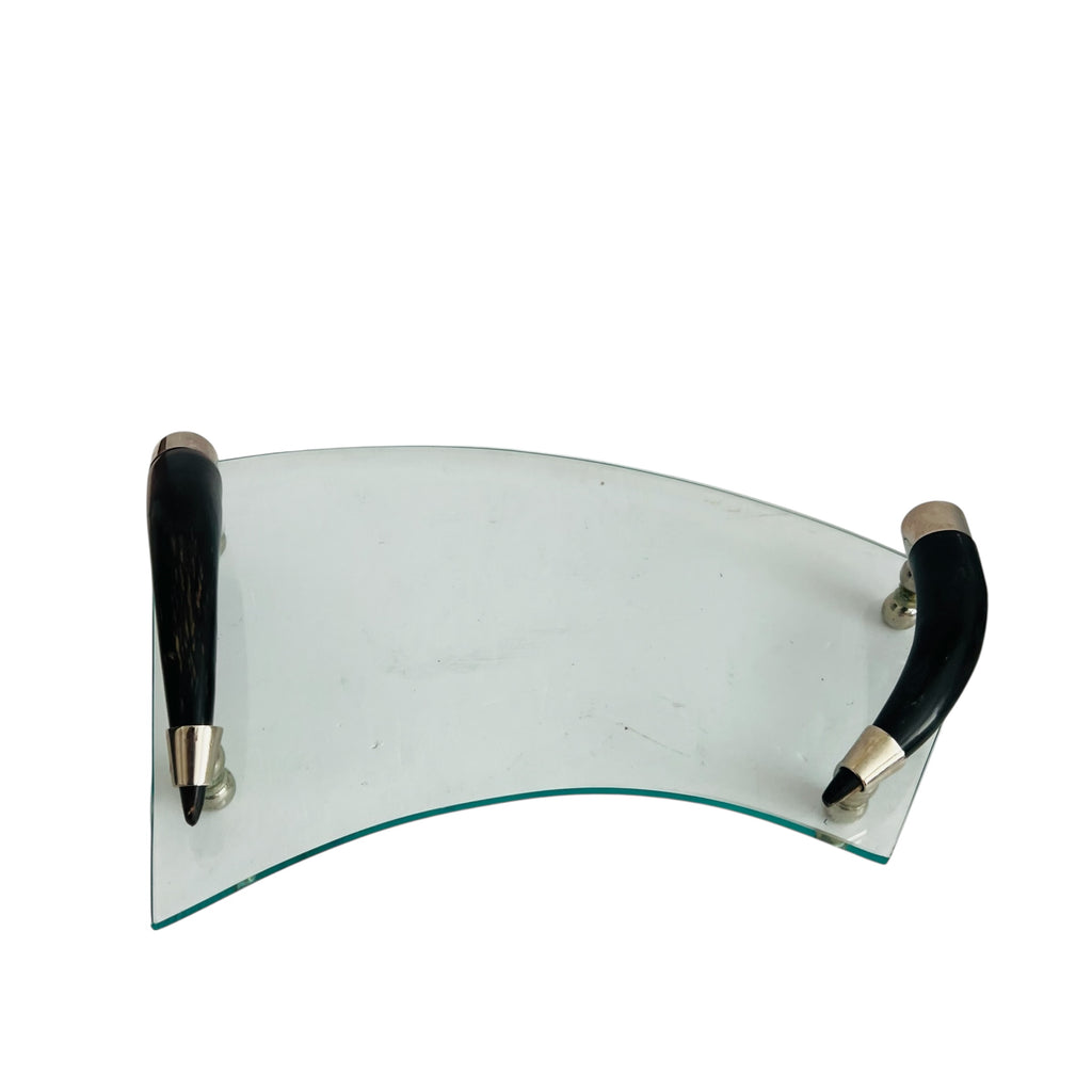 Vintage Mid Century MCM Faux Black Bone Horn Handles Glass Vanity Tray