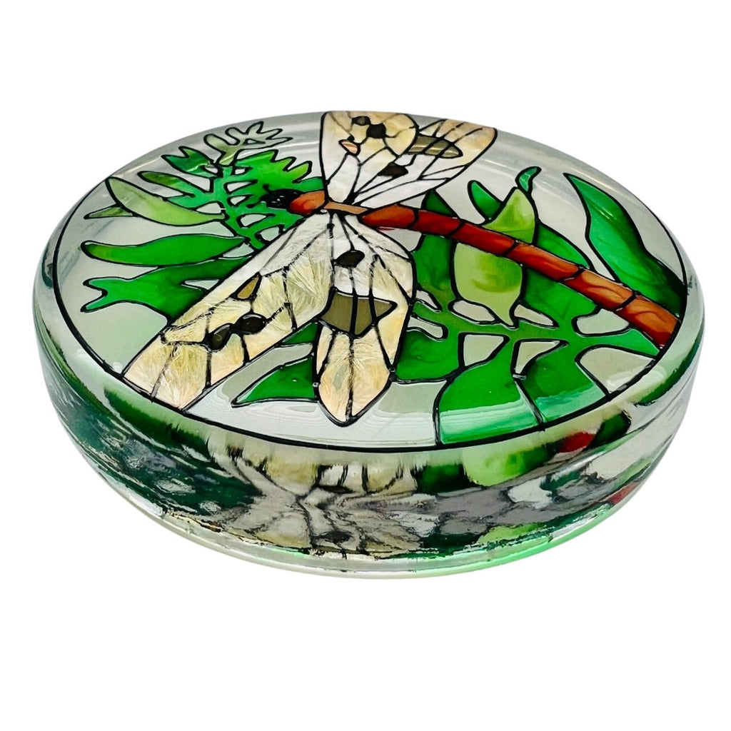 Stained Glass Dragonfly Round Paperweight