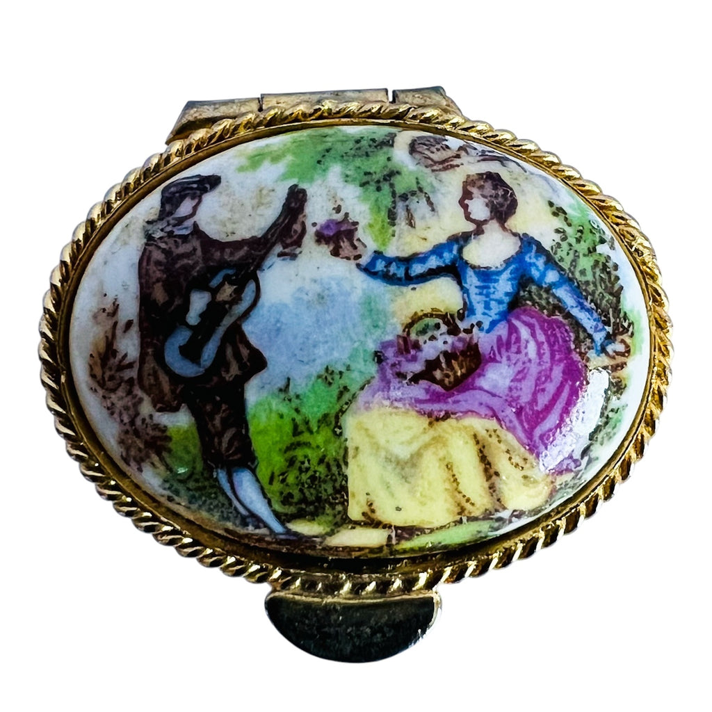 Vintage Dainty Porcelain Romantic Couple Hand Painted Enamel Trinket Box
