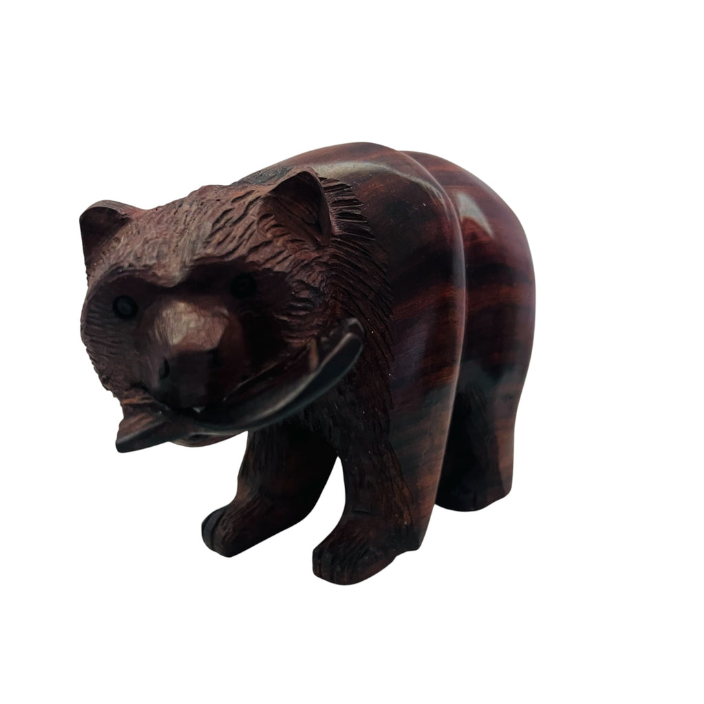 Ironwood Bear Hand Carved with Fish Figurine