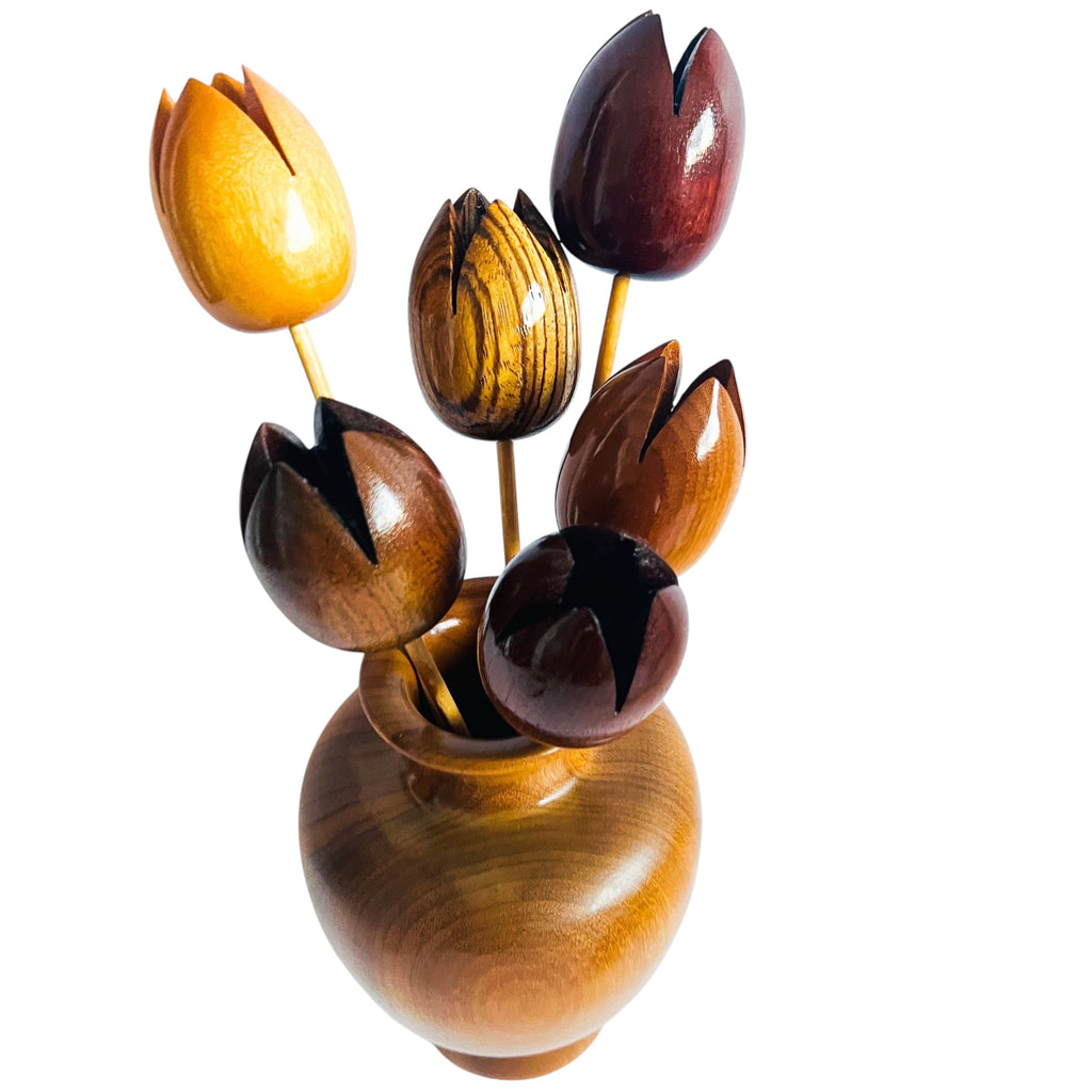 Vintage Myrtle Wood Vase with Six Individual Tulip Wood Flowers