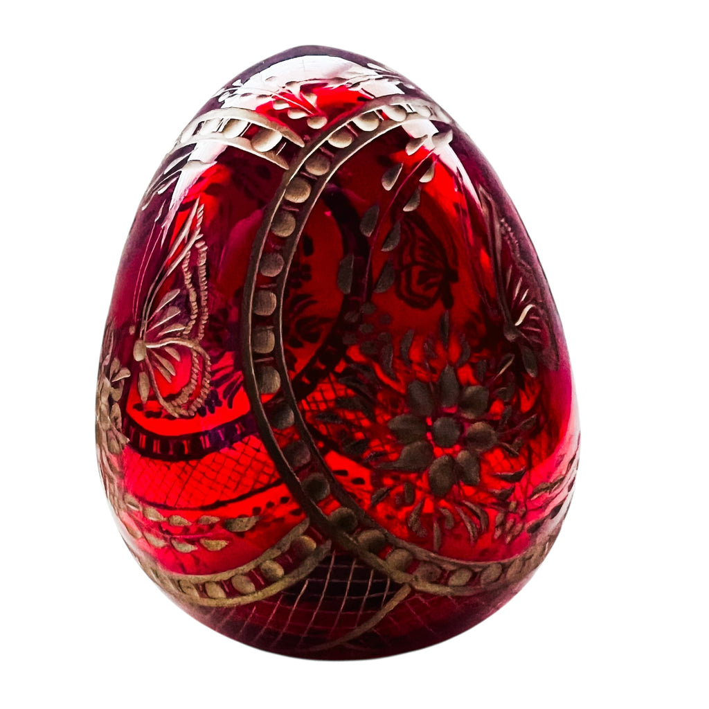 Vintage Faberge Style St. Petersburg Russia Ruby Red Etched Glass Egg
