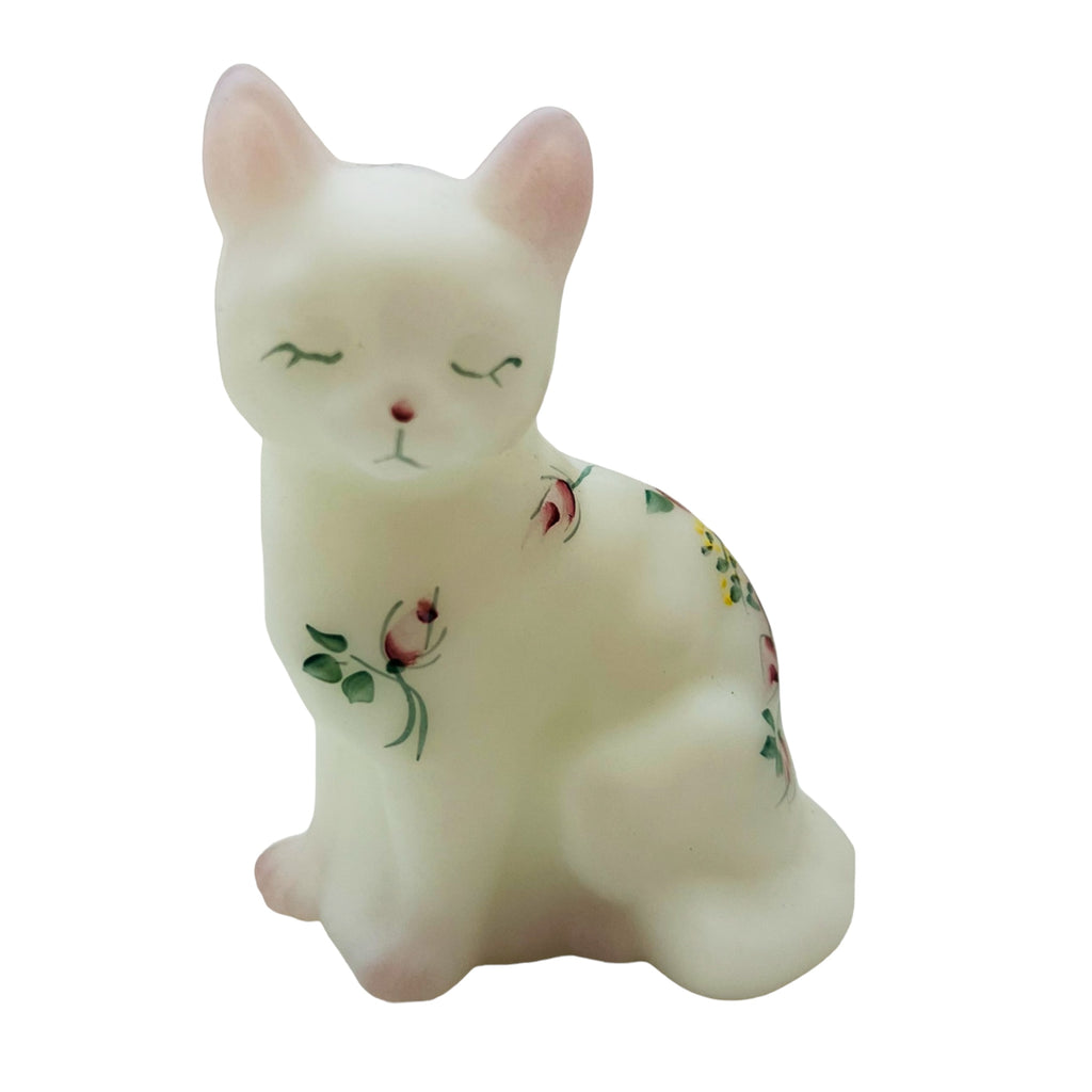 Vintage Fenton Rose Garden Cat Hand Painted Signed Figurine