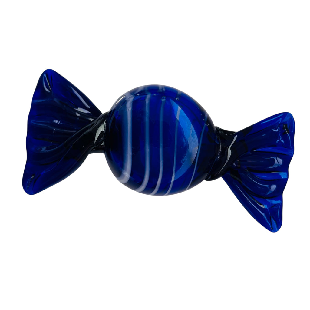 Vintage Cobalt Blue Hand Blown Wrapped Hard Candy Blue Clear Art Glass