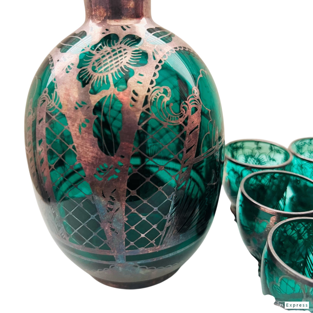 Vintage Emerald Glass Decanter & Silver Overlay 6 Glasses Set