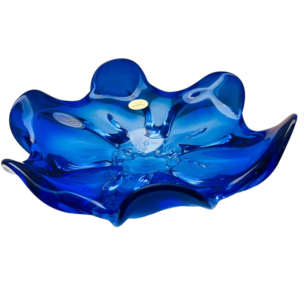 Vintage Czech Bohemian Blue Clear Base Glass Bowl