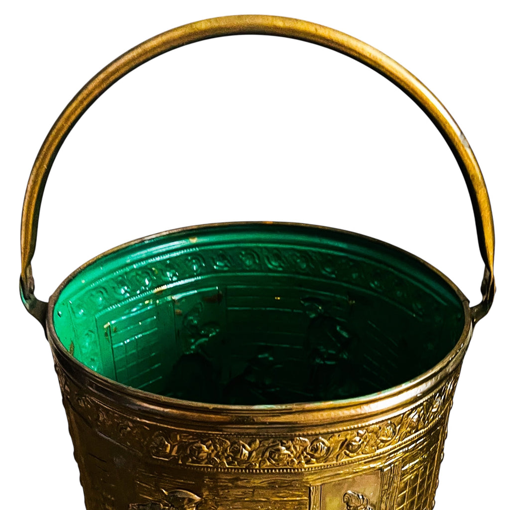 Vintage Brass Colonial Scene for Coal or Firewood Brass Bucket with Handle