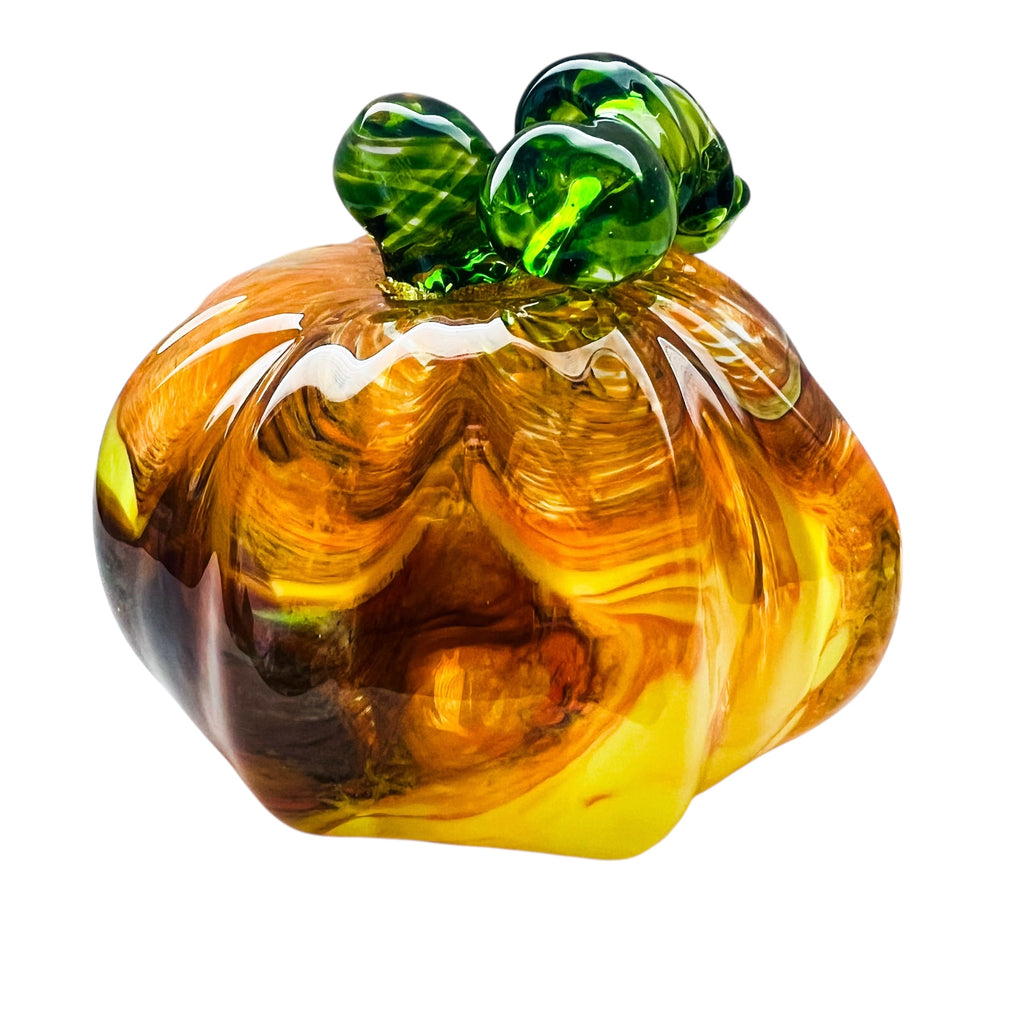 Pumpkin Art Glass Swirled Green Leaf Paperweight