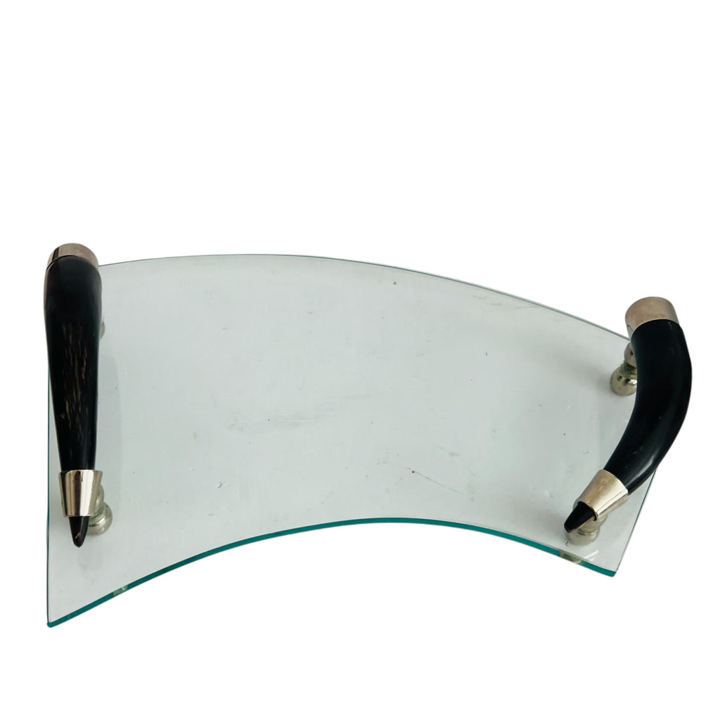 Vintage Mid Century MCM Faux Black Bone Horn Handles Glass Vanity Tray