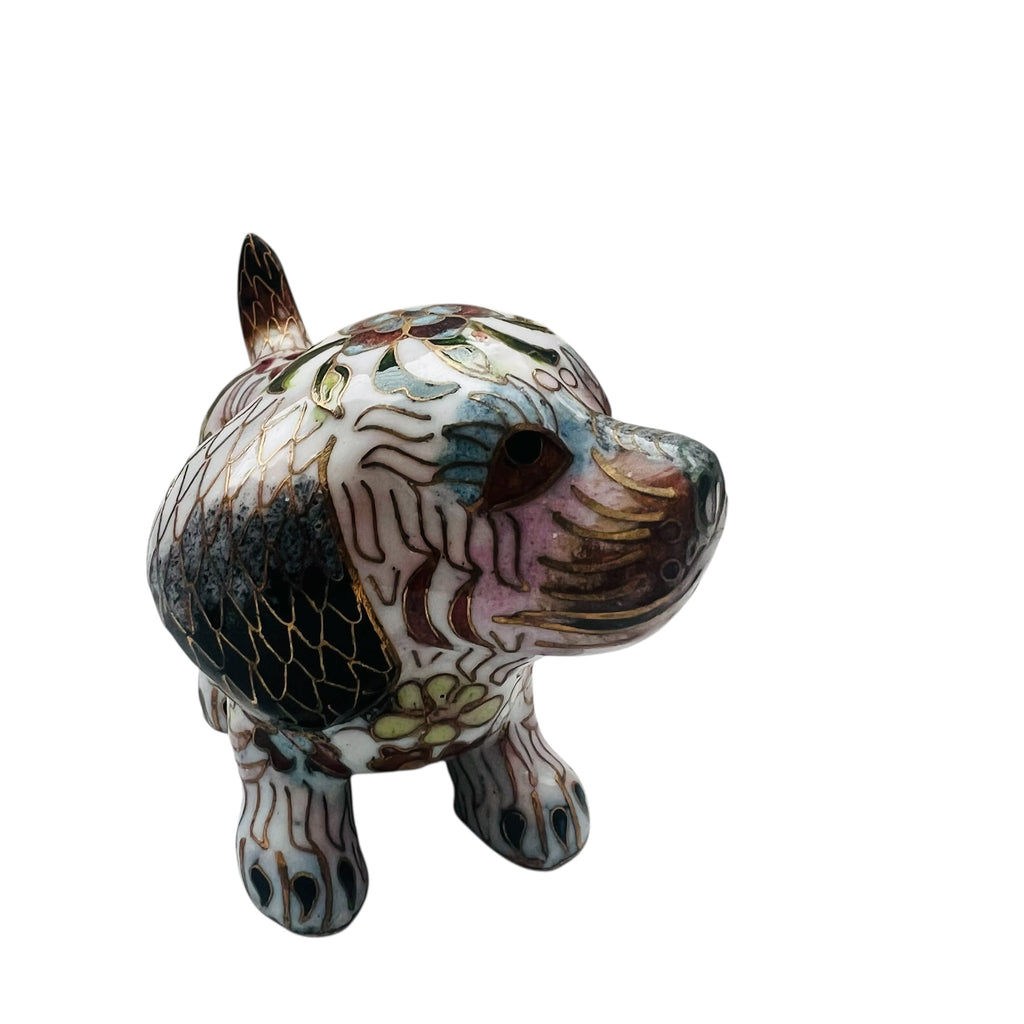 Vintage Chinese White Cloisonne Copper Brass Enamel Dog Figurine Statue
