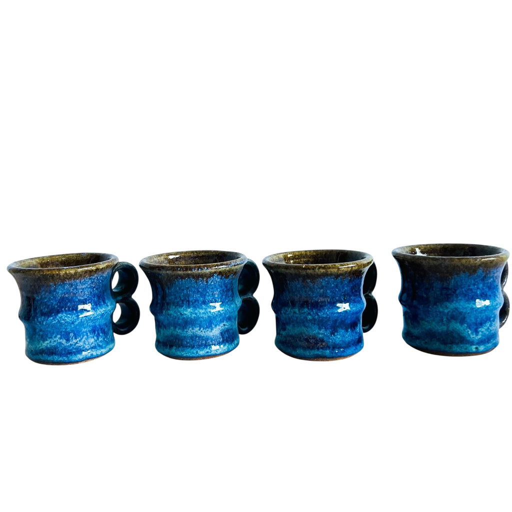 Studio Art Pottery Blue Drip Glaze Stoneware Mugs Set