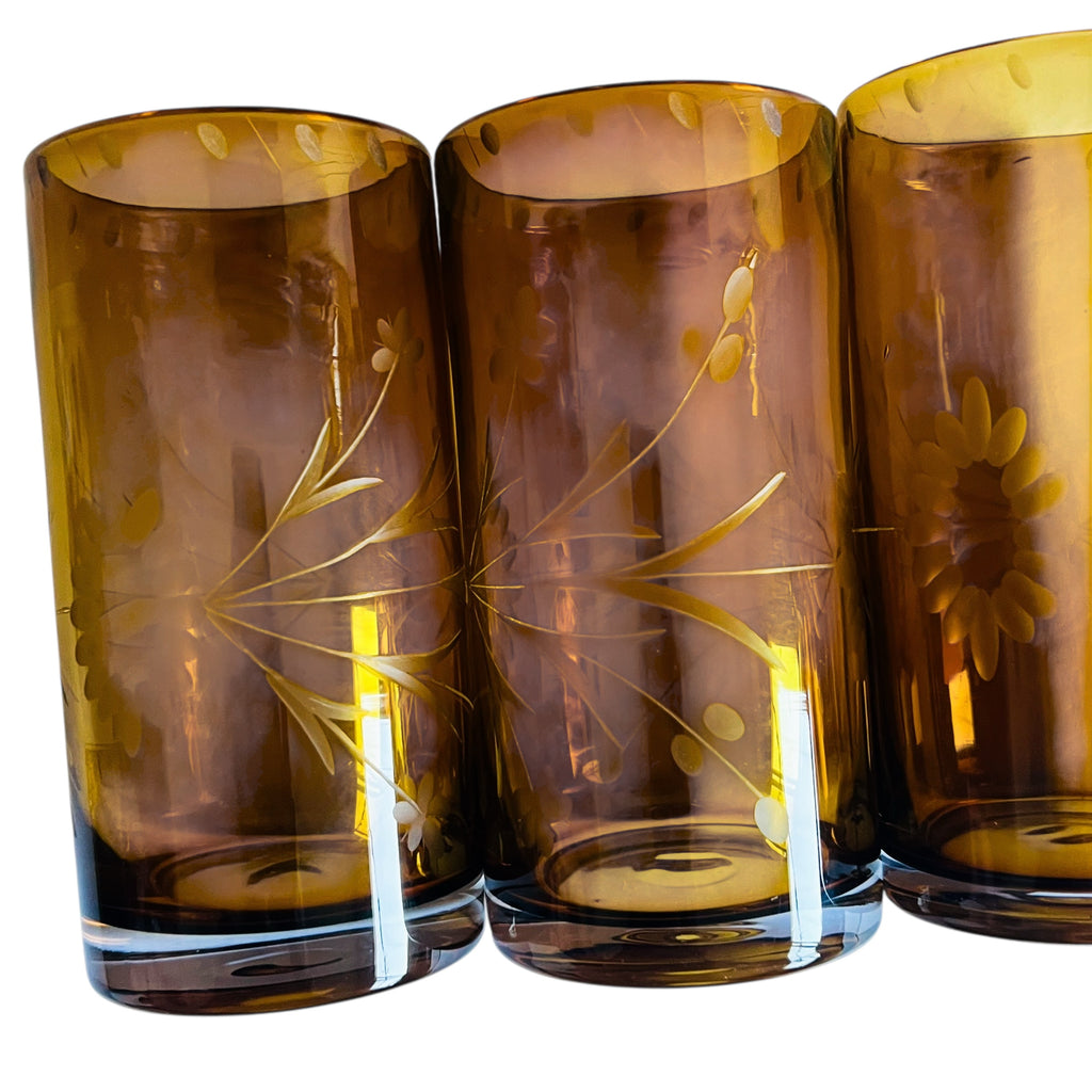 Vintage Bobby Flay Highball Etched Amber Glass Tumbler Set of 6