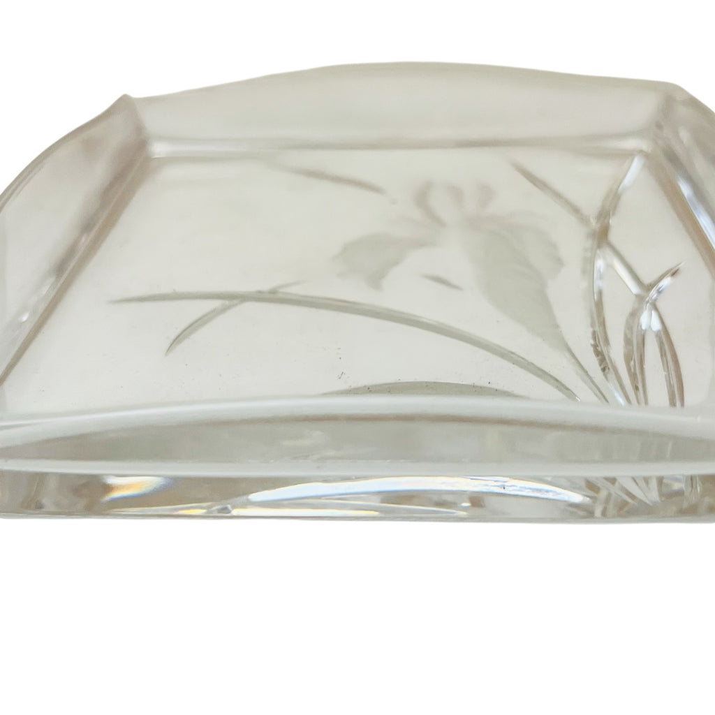 Vintage Frosted Iris Floral Design Glass Square Trinket Dish