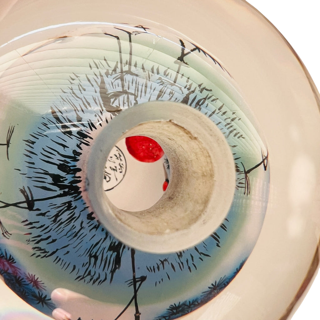 Vintage Chinese Asian Reverse Hand Painted Cranes Glass Orb On Wooden Stand