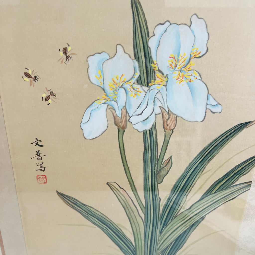 Chinese Watercolor Gouache Floral Butterfly Paintings in Gold Frame Pair