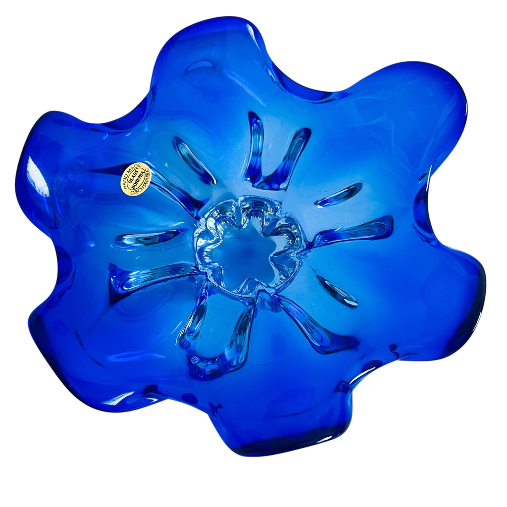 Vintage Czech Bohemian Blue Clear Base Glass Bowl