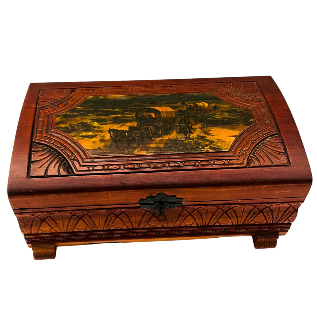 Antique Hand Carved Wooden Western Scene Covered Wagons & Cowboys Keepsake Box