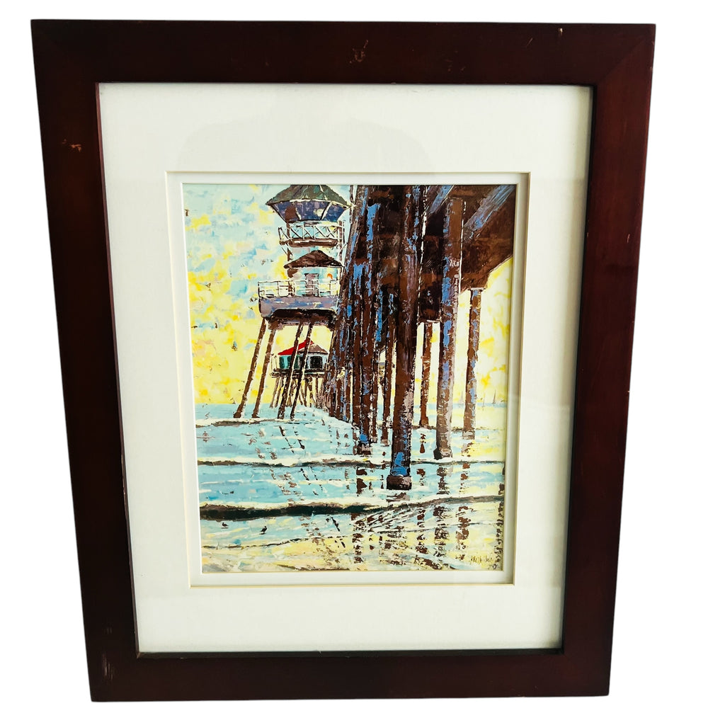 Artist Signed Huntington Beach Pier Matted Framed Coastal Pier Artwork