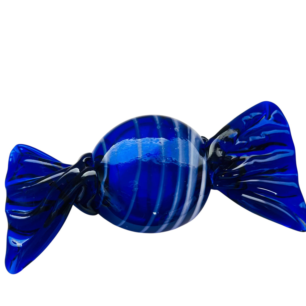 Vintage Cobalt Blue Hand Blown Wrapped Hard Candy Blue Clear Art Glass