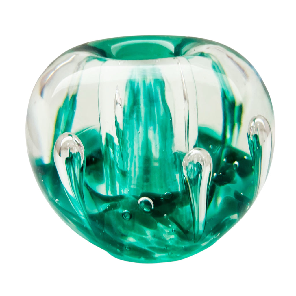 Vintage Green Bubble Art Glass Paper Weight Candle Holder