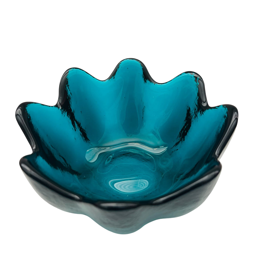 Vintage Blenko Art Glass Blue Lotus Flower Petal Bowl