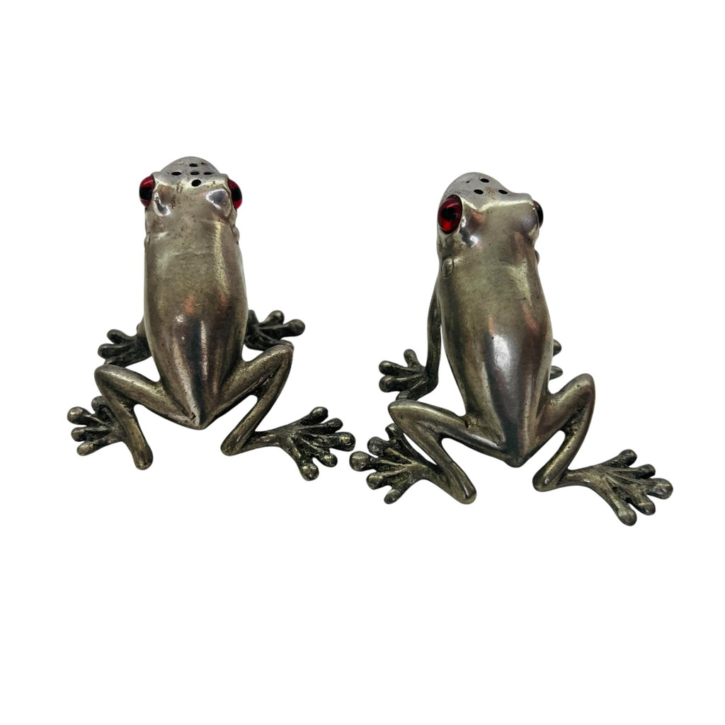 Vintage Frog Metal Figurine Salt and Pepper Shakers - Silver with Red Eyes