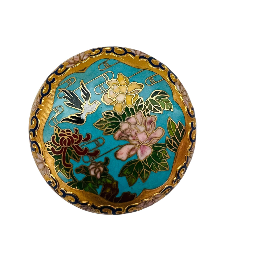 Vintage Cloisonné Gold Bird Floral Flowers Lidded Trinket
