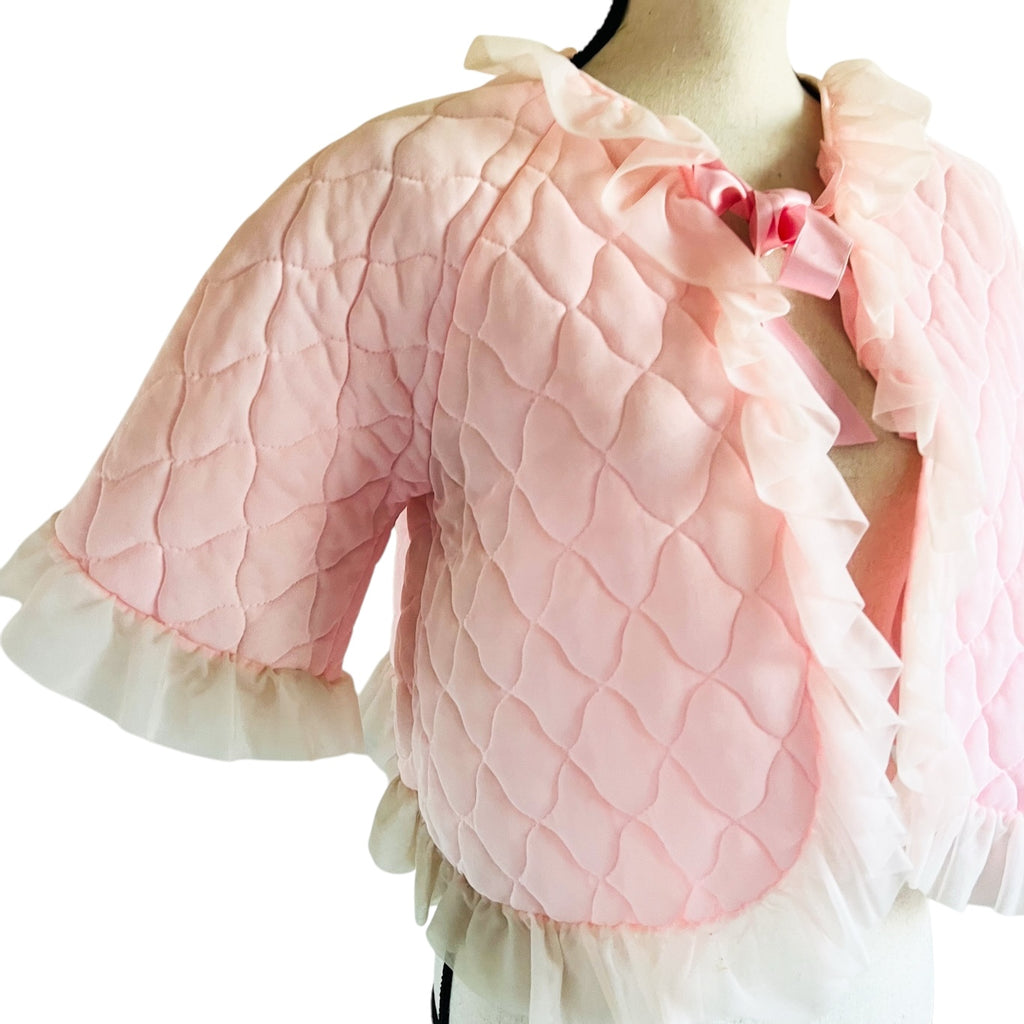 Vintage Quilted Pink Ruffle Trim Bed Jacket