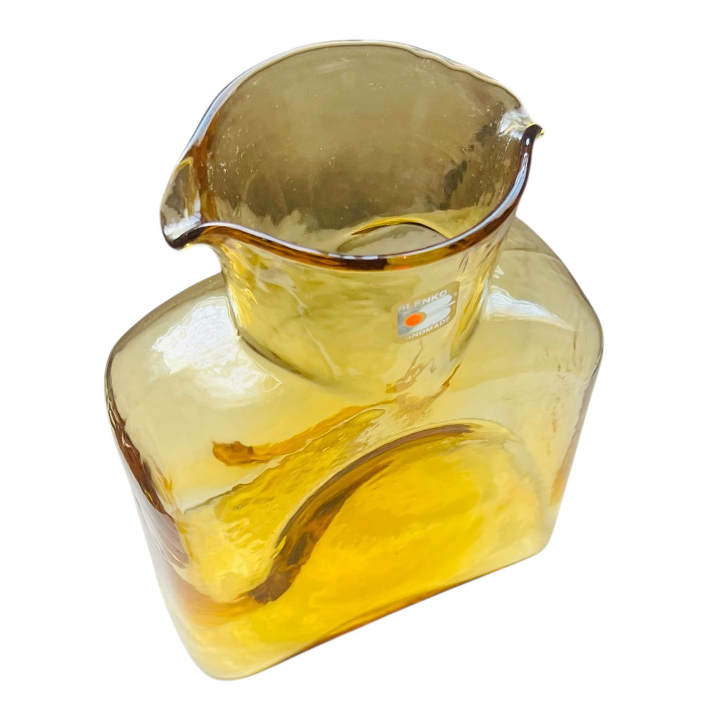 Vintage Blenko Amber Yellow Glass Double Spout Water Bottle Carafe Pitcher Vase