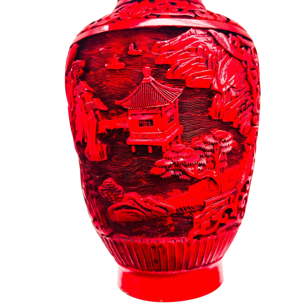 Vintage Chinese Carved Lacquer Cinnabar Village Scene Vase