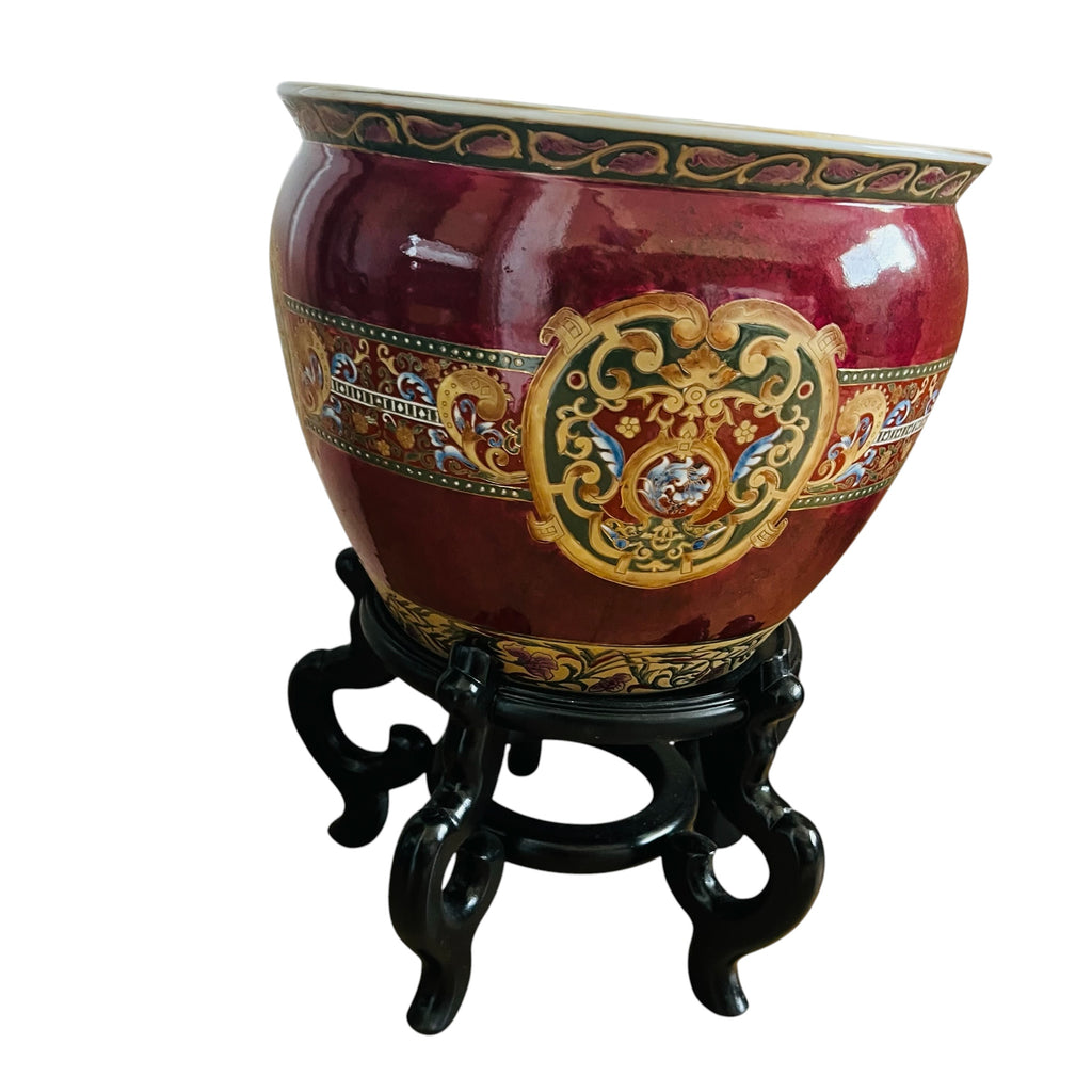 Vintage Oriental Accent Large Ceramic Asian Fish Planter Bowl Pot with Stand
