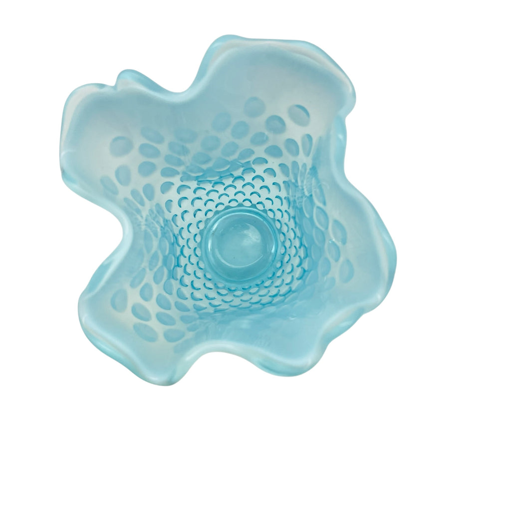 Vintage Fenton Opalescent Aqua Hobnail Ruffled Glass Vase
